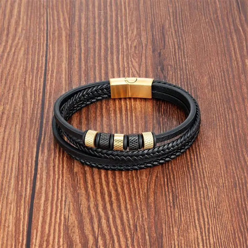 Pulsera Cuero y Acero Inoxidable Para Hombre Diseño Clásico Multicapa