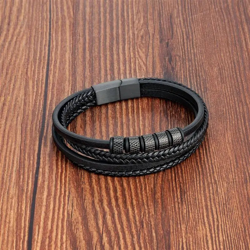 Pulsera Cuero y Acero Inoxidable Para Hombre Diseño Clásico Multicapa