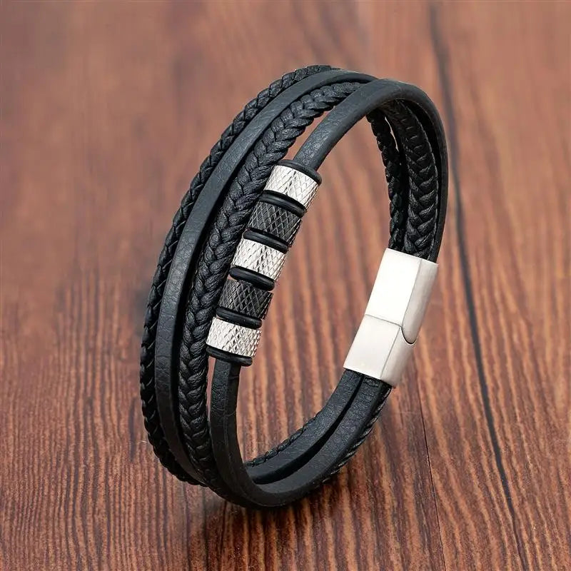 Pulsera Cuero y Acero Inoxidable Para Hombre Diseño Clásico Multicapa