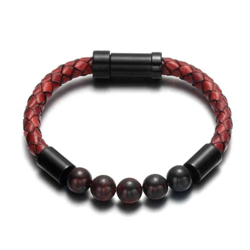 Pulsera de Hombre de Acero y Piel Volcánica Con Elegante Piedra