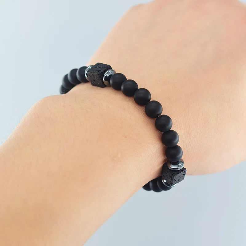 Pulsera Retro Con Bloques Negros Volcánicos Mate Para Hombre