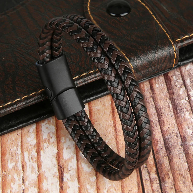 Elegante Pulsera de Cuero de Doble Capa Para Hombre