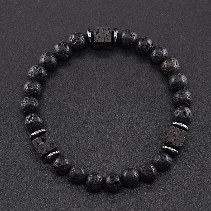 Pulsera Retro Con Bloques Negros Volcánicos Mate Para Hombre