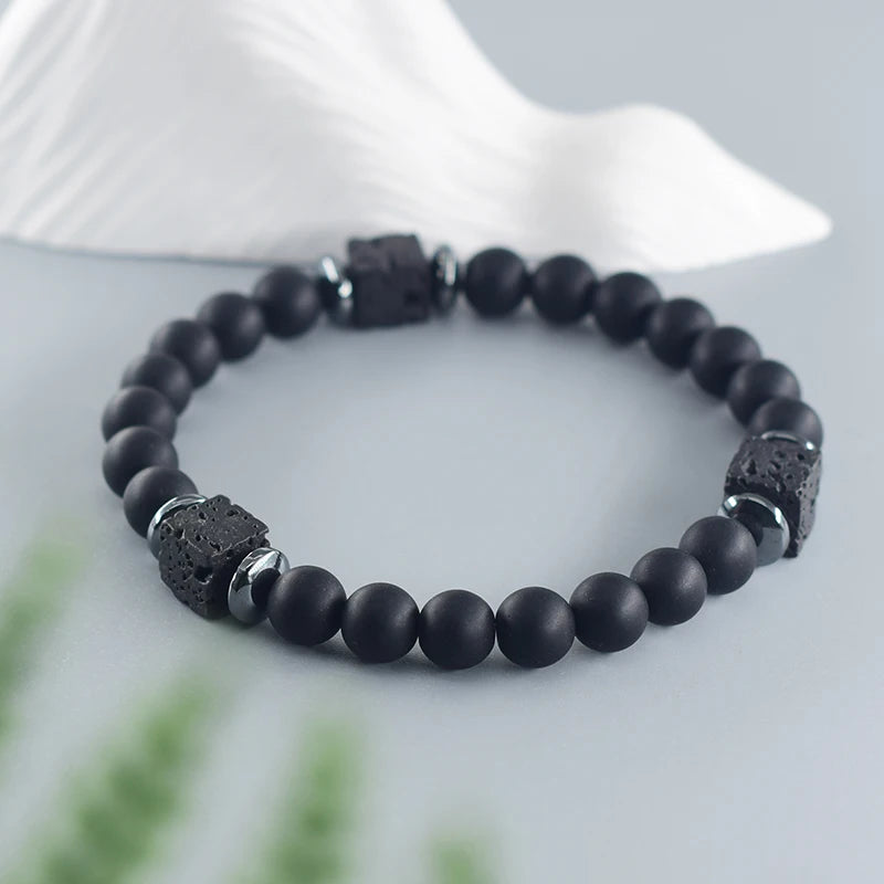Pulsera Retro Con Bloques Negros Volcánicos Mate Para Hombre