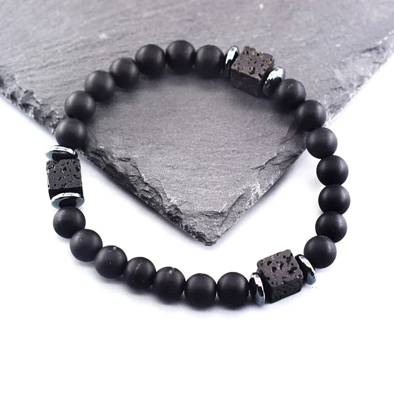 Pulsera Retro Con Bloques Negros Volcánicos Mate Para Hombre