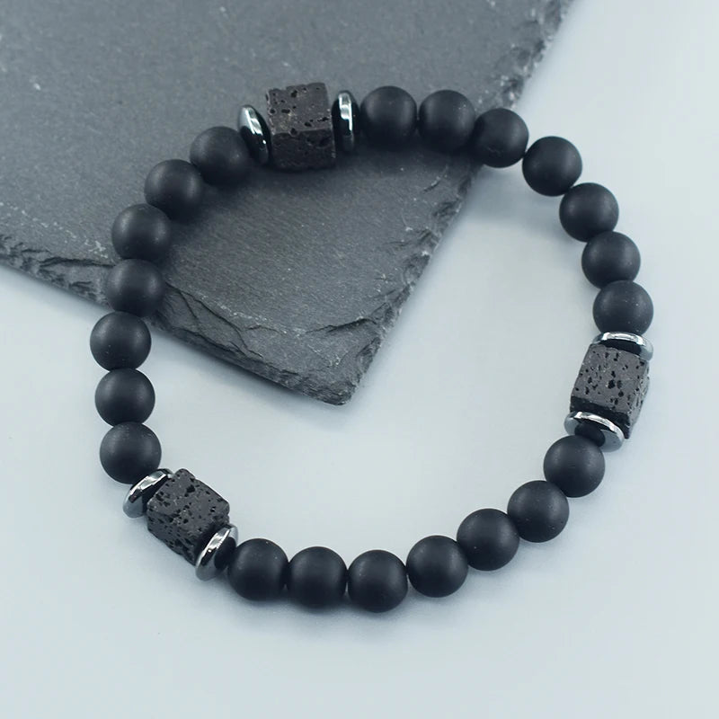 Pulsera Retro Con Bloques Negros Volcánicos Mate Para Hombre