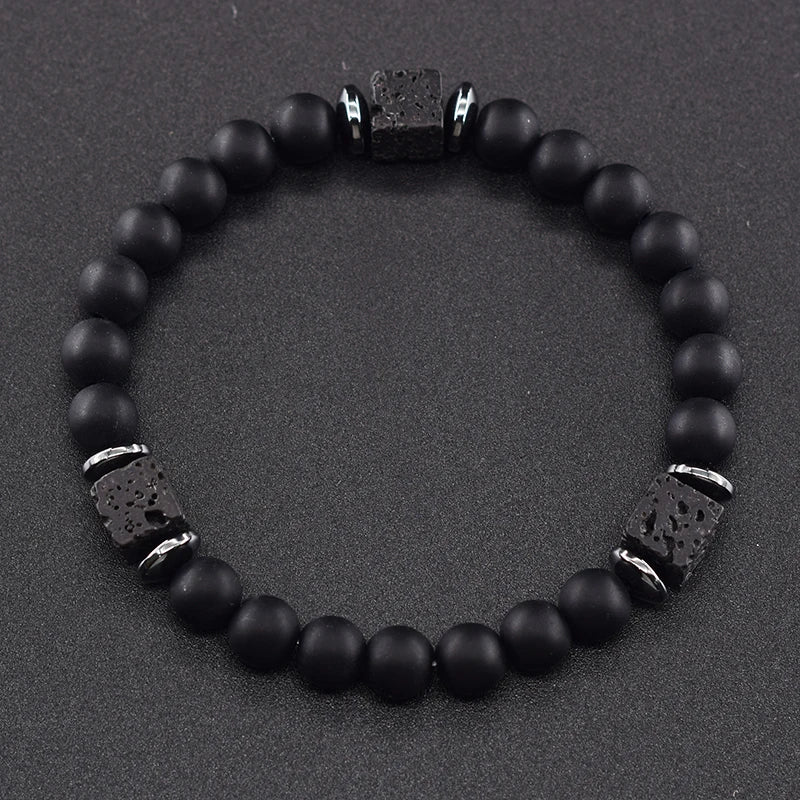 Pulsera Retro Con Bloques Negros Volcánicos Mate Para Hombre