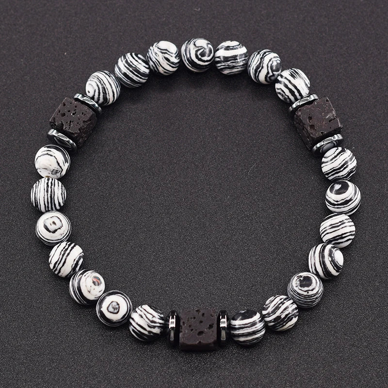 Pulsera Retro Con Bloques Negros Volcánicos Mate Para Hombre