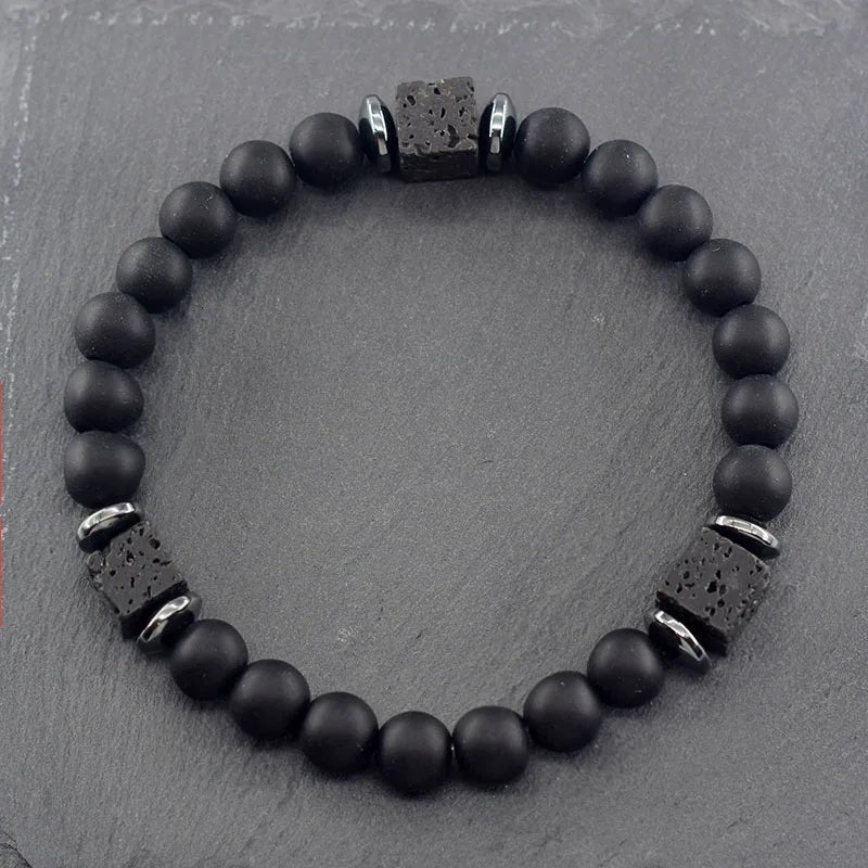 Pulsera Retro Con Bloques Negros Volcánicos Mate Para Hombre