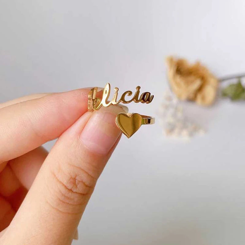 Anillo Ajustable Con Nombre Personalizado y Corazón Para Mujer