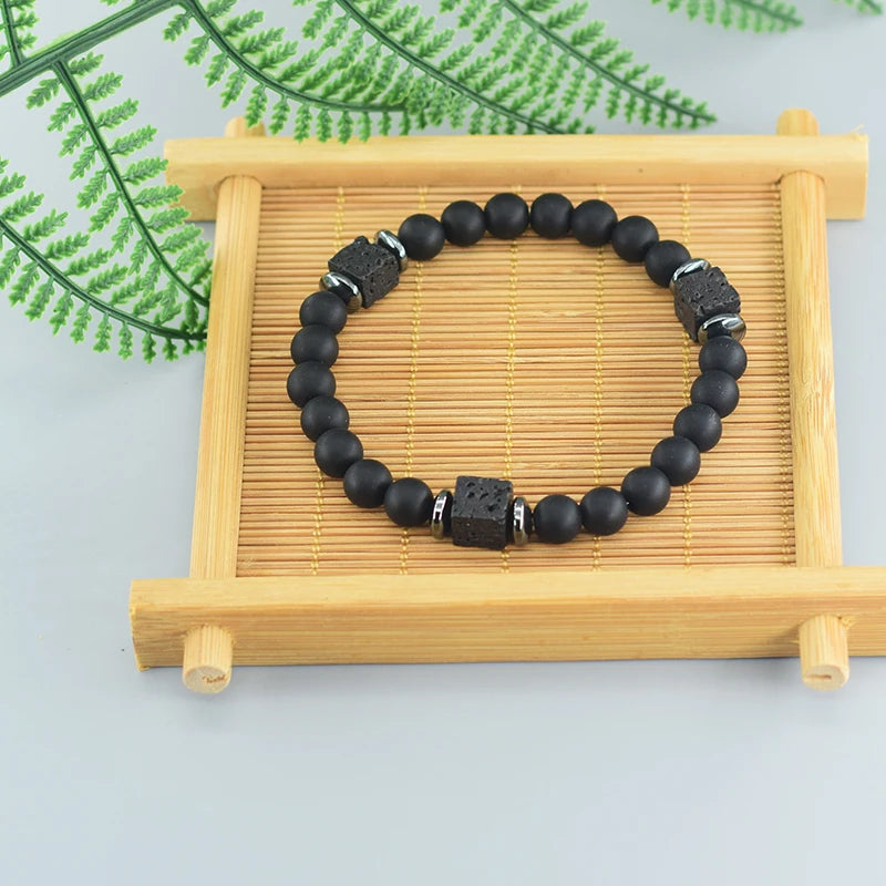 Pulsera Retro Con Bloques Negros Volcánicos Mate Para Hombre