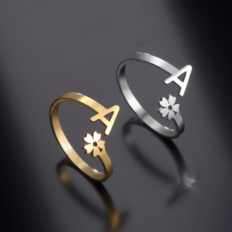 Anillo Con Nombre Inicial Personalizado Con Flor Ajustable Para Mujer