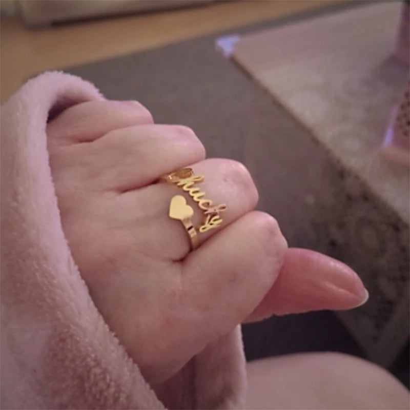 Anillo Ajustable Con Nombre Personalizado y Corazón Para Mujer