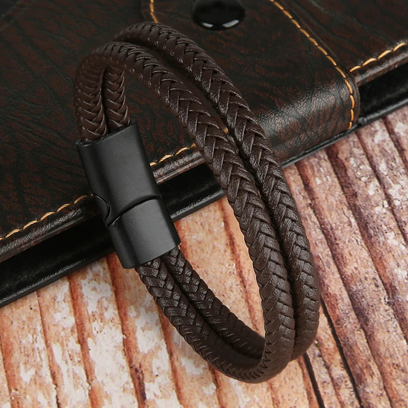 Elegante Pulsera de Cuero de Doble Capa Para Hombre