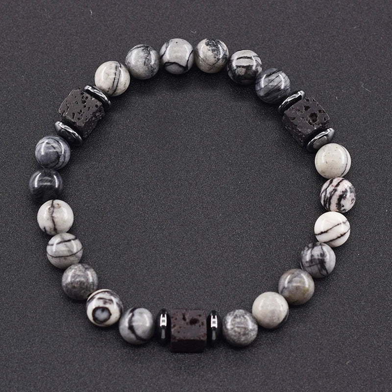 Pulsera Retro Con Bloques Negros Volcánicos Mate Para Hombre