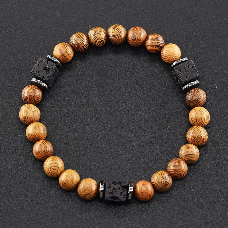 Pulsera Retro Con Bloques Negros Volcánicos Mate Para Hombre