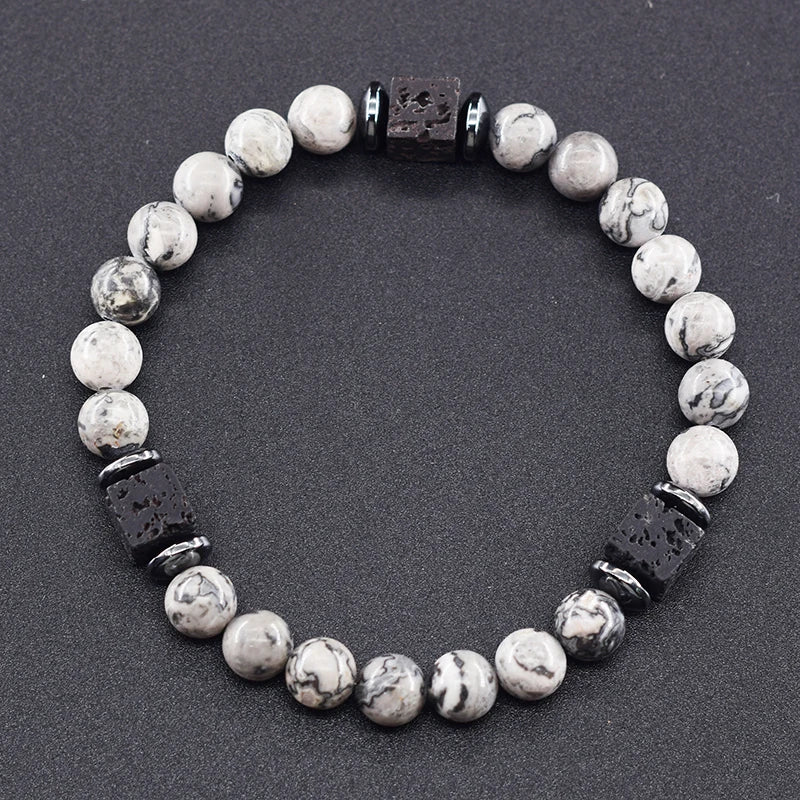 Pulsera Retro Con Bloques Negros Volcánicos Mate Para Hombre